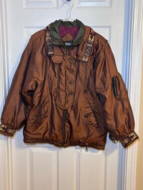 Vintage Andy Johns Women’s Medium Copper Metallic Embroidered Puffer Jacket 90s